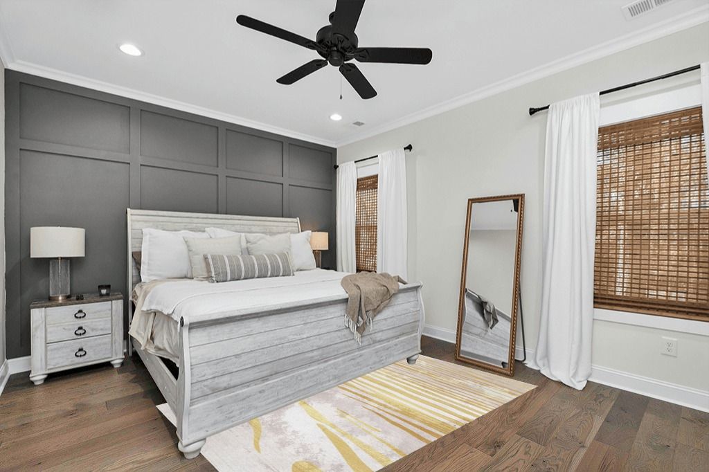 Rug Visualizer For Your 5x7 Yellow Area Rug "FINOREN Modern Swoosh Gray-gold Rectangular Area Rug - 5x7, Low Pile, Lightweight, Non-slip" in Modern transitional bedroom