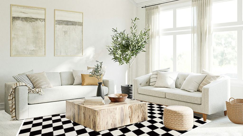 Test an 8x10 Black and White Area Rug in Your Room "Persian Area Rugs Modern Checkered Black 8 ft x 10 ft Rectangular Area Rug" in Living room