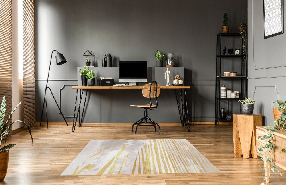 Rug Visualizer For Your 5x7 Yellow Area Rug "FINOREN Modern Swoosh Gray-gold Rectangular Area Rug - 5x7, Low Pile, Lightweight, Non-slip" in Home office