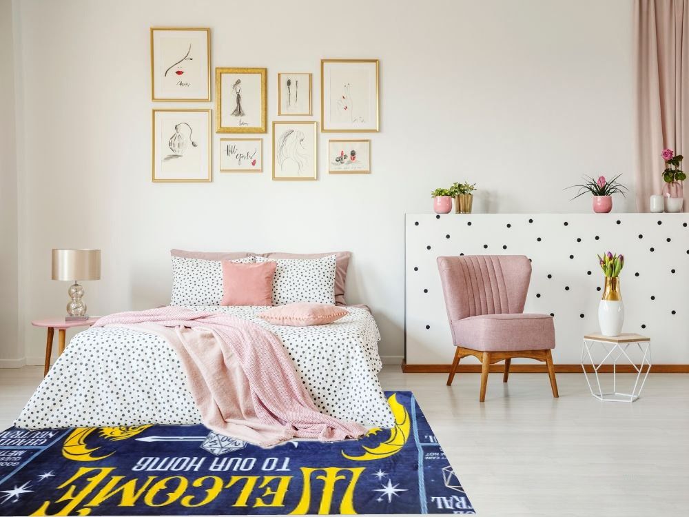 Yellow Area Rug 6x9 Modern Letter Print Cotton Area Rug in Bedroom