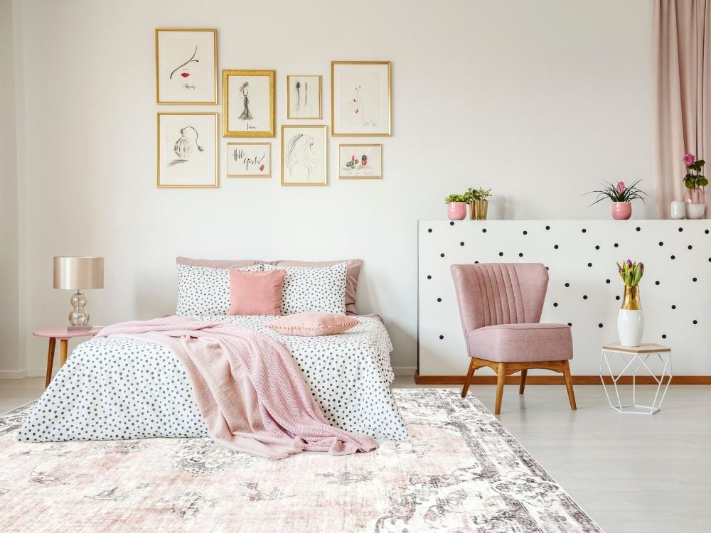 9x12 White Area Rug - View it in Your Room First! "Brichee Retro Floral Rectangular Area Rug - Light Pink, 9'x12', Faux Wool, Machine Made" in Bedroom