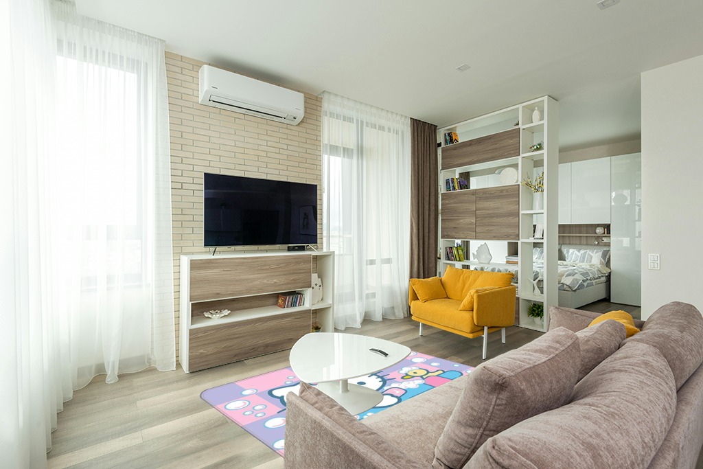 Cute rug ideas in Light Modern Living Room with TV