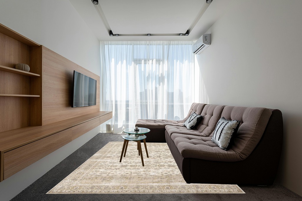 Farmhouse rug ideas in Grey Living Room with Brown Couch