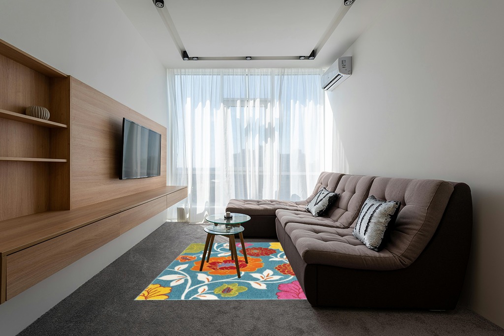 Well Woven StarBright Daisy Flowers Modern Floral Blue 5' x 7' Kids Area Rug in Grey Living Room with Brown Couch