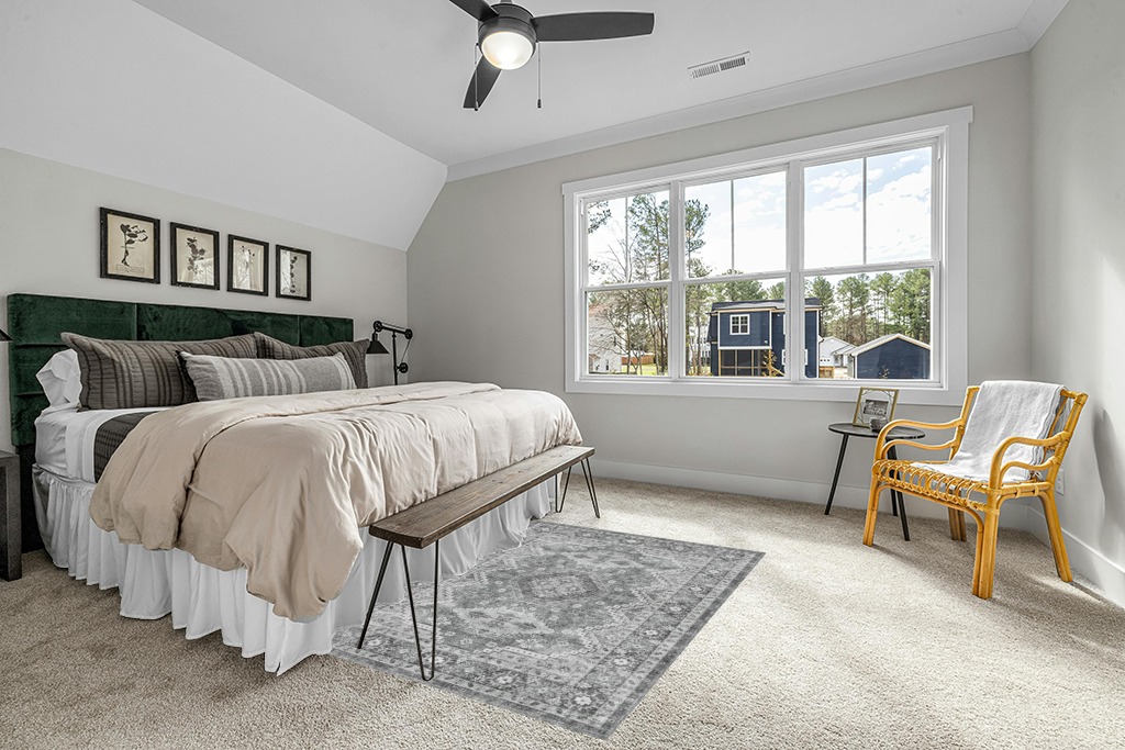 Grey room rug ideas in Grey Traditional Bedroom with King Bed