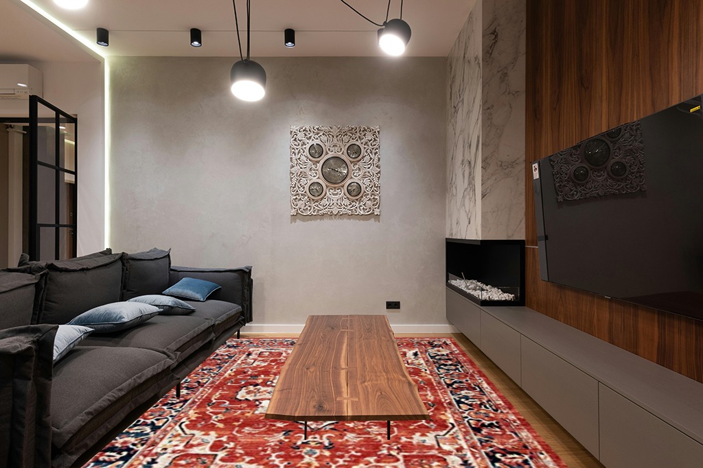 SAFAVIEH Charleston Collection Area Rug - 8' x 10', Red & Ivory, Oriental Distressed Design, Non-Shedding & Easy Care, Ideal for High Traffic Areas in Living Room, Bedroom (CHL411Q) in Dark Wood Living Room with Black Couch