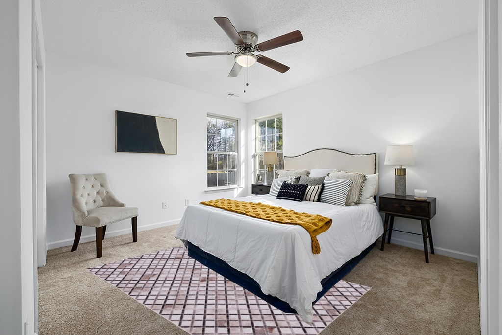 Cowhide rug in bedroom ideas in White and Yellow Modern Bedroom