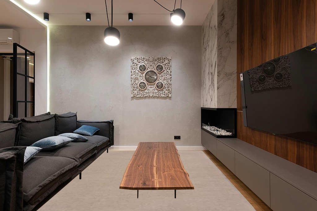 BoutiqueRugs Warne Boho Hand Loomed Wool Natural Fiber Soft Area Rug - Modern Minimalist Solid Neutral Color Carpet for Living Room, Bedroom, Dining Room - Tan - 8' x 11' in Dark Wood Living Room with Black Couch