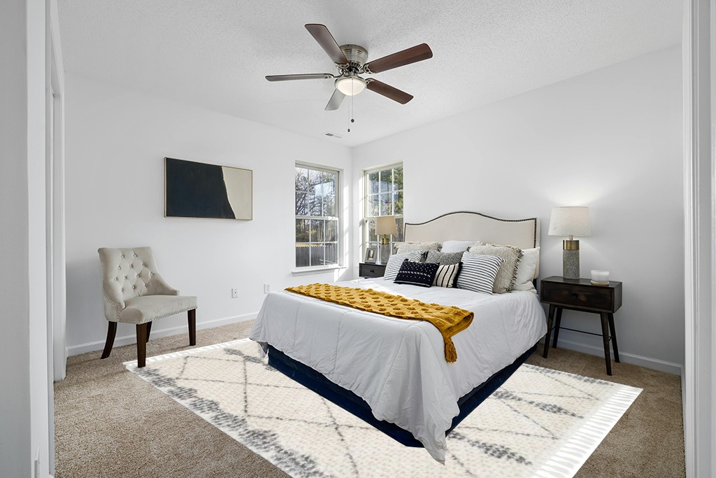 Grey room rug ideas in White and Yellow Modern Bedroom