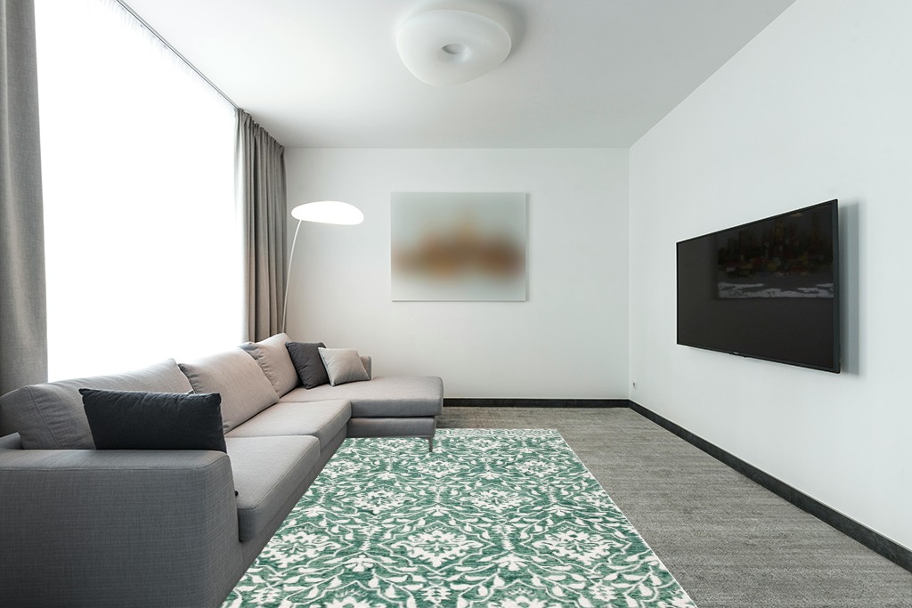 Green rug ideas in Modern Living Room with Grey Couch