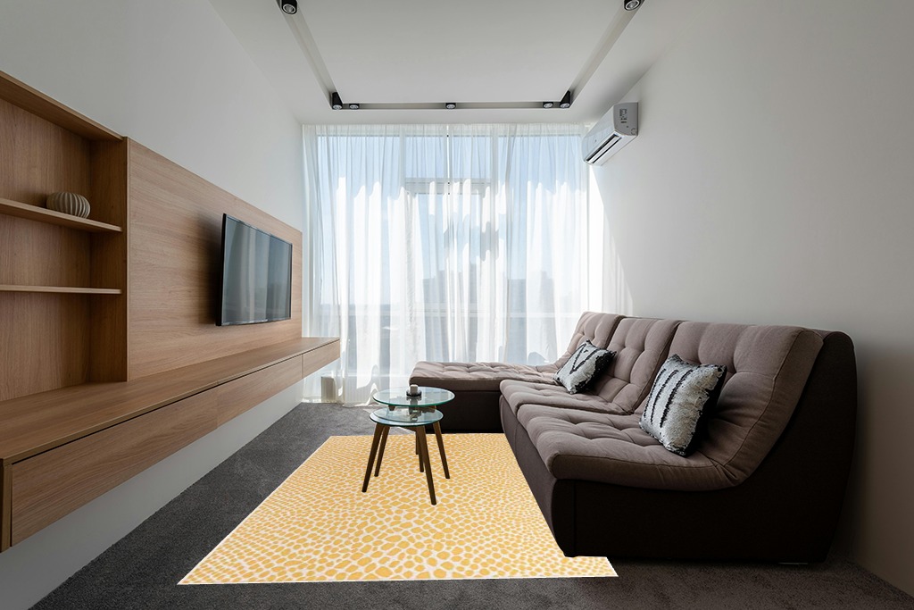 Yellow rug ideas in Grey Living Room with Brown Couch