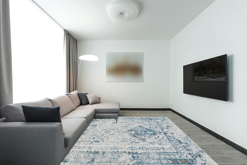 Rug over carpet ideas in Modern Living Room with Grey Couch