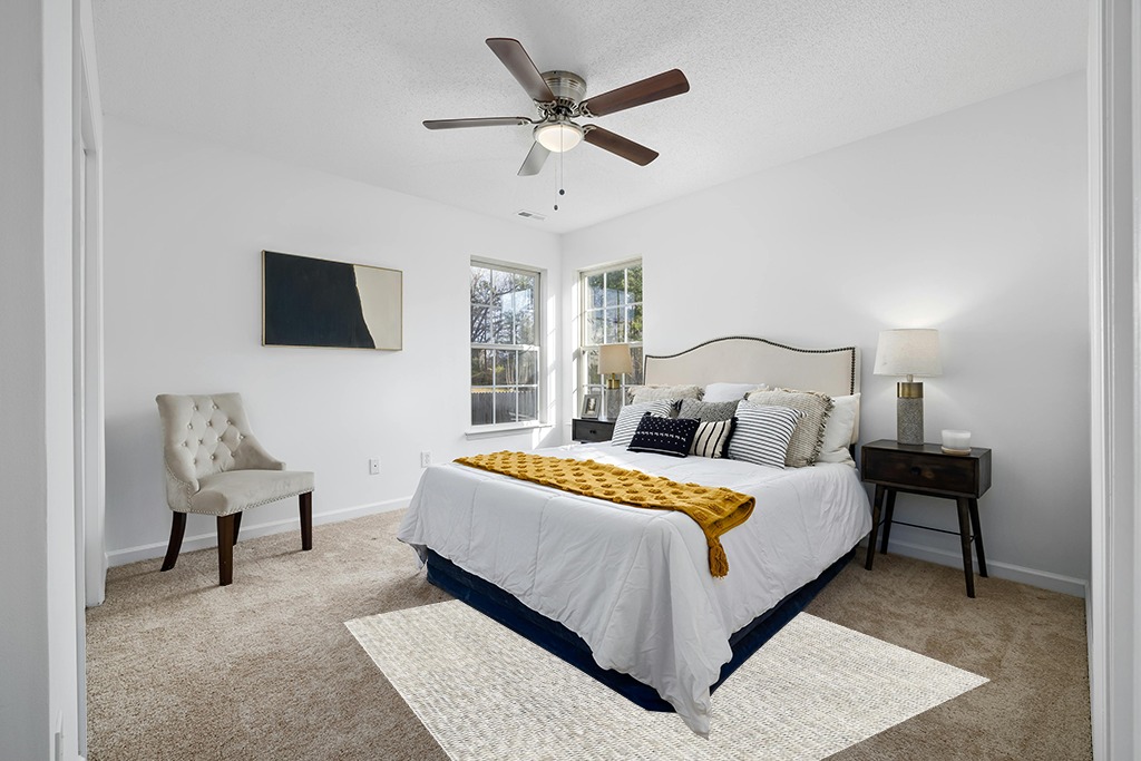 Rug over carpet ideas in White and Yellow Modern Bedroom