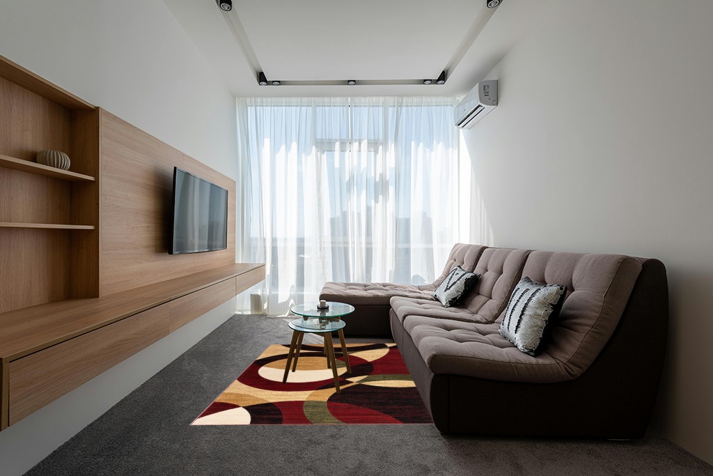 Well Woven Dulcet Bingo Red Modern Geometric (5'3" x 7'3") Area Rug in Grey Living Room with Brown Couch