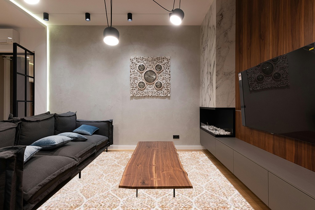 SAFAVIEH Madison Collection Area Rug - 8' x 10', Cream & Orange, Glam Ogee Trellis Distressed Design, Non-Shedding & Easy Care, Ideal for High Traffic Areas in Living Room, Bedroom (MAD604H) in Dark Wood Living Room with Black Couch