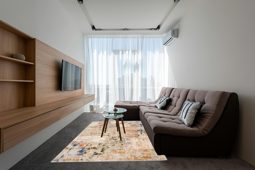BYYVOO Living Room 6x9 Rug: Modern Abstract Non Slip Area Rug for Bedroom Ultra Soft Stain Resistant Low Pile Indoor Floor Home Decor Carpet 6x9 Gold Multi in Grey Living Room with Brown Couch