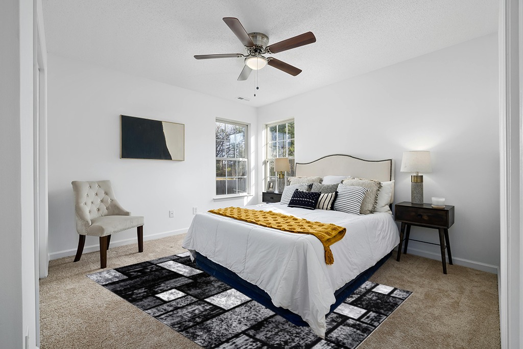 Grey room rug ideas in White and Yellow Modern Bedroom
