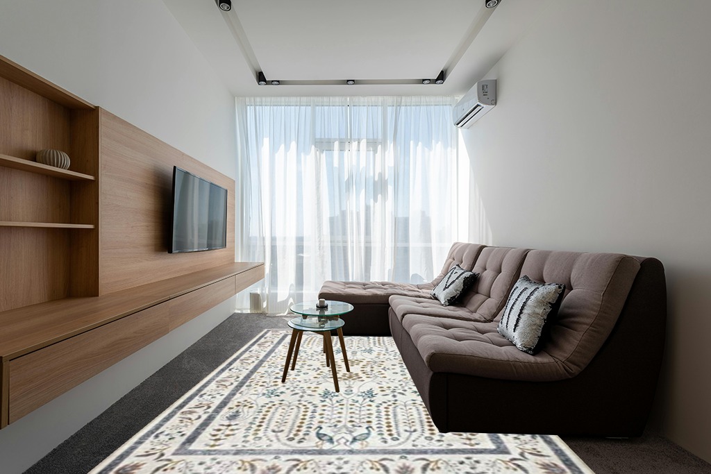 Loloi Rifle Paper Co. x Maison Wisteria Cream 8'-4" x 11'-6" Area Rug in Grey Living Room with Brown Couch