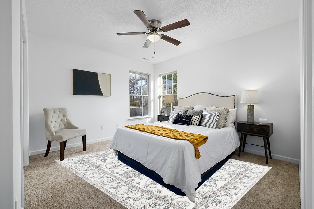 Grey room rug ideas in White and Yellow Modern Bedroom