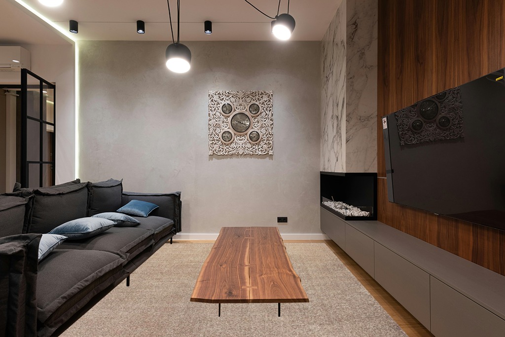JONATHAN Y SEU100G-8 Haze Solid Low-Pile Indoor Area-Rug Casual Contemporary Solid Traditional Easy-Cleaning Bedroom Kitchen Living Room Non Shedding, 8 ft x 10 ft, Beige in Dark Wood Living Room with Black Couch