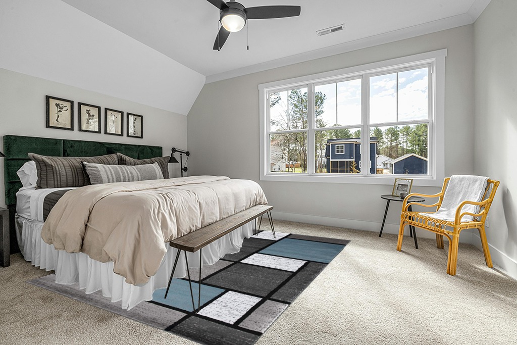 Grey room rug ideas in Grey Traditional Bedroom with King Bed