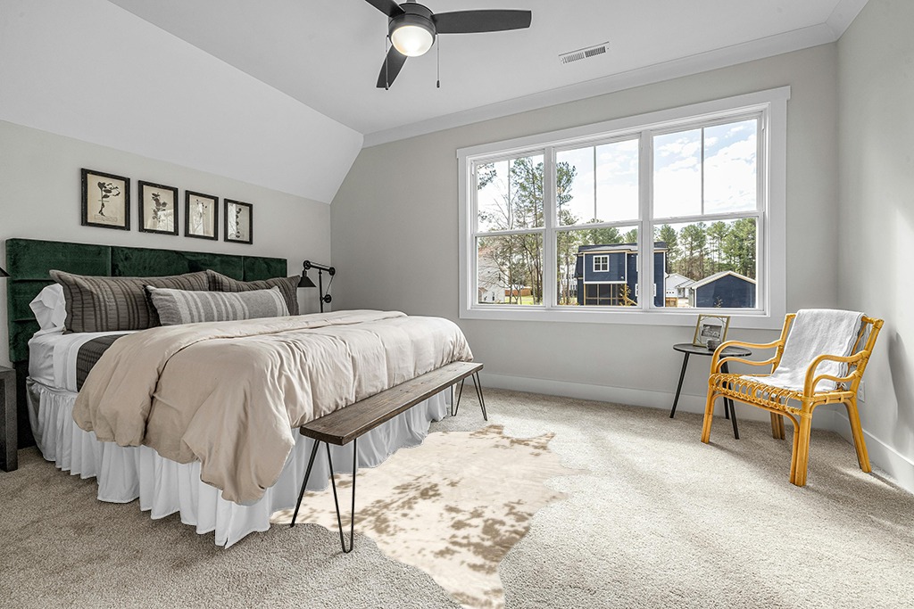 Cowhide rug in bedroom ideas in Grey Traditional Bedroom with King Bed