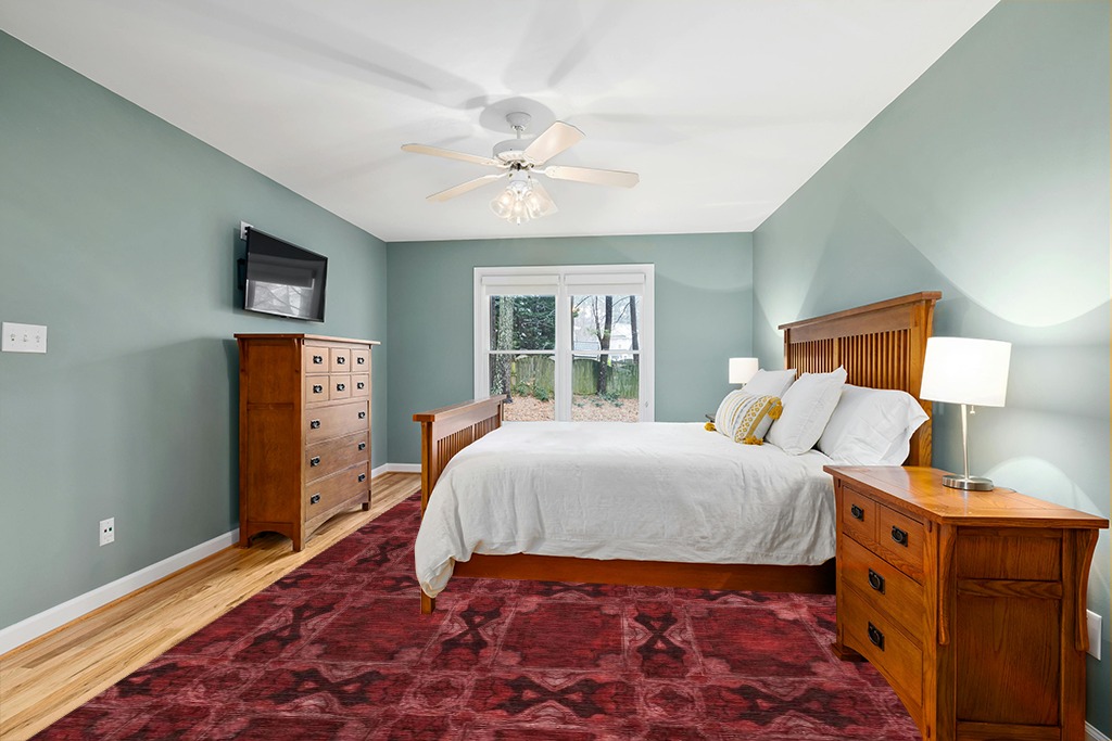 Red persian rug bedroom ideas in Teal and Orange Wood Bedroom