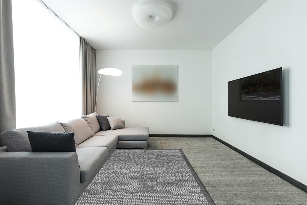 Rug over carpet ideas in Modern Living Room with Grey Couch