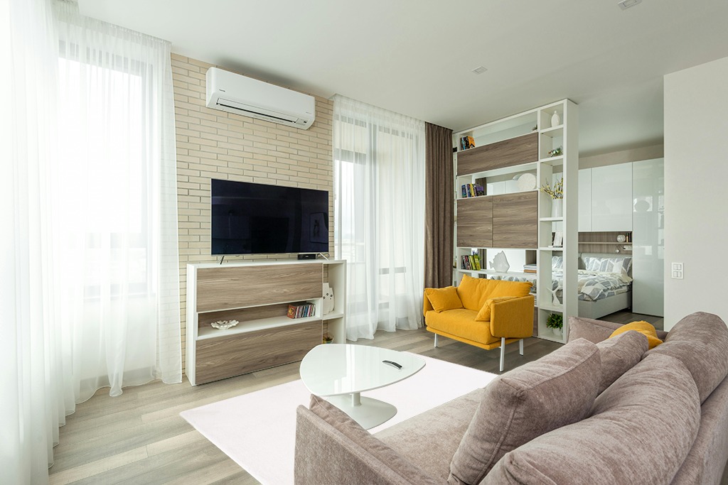 Cute rug ideas in Light Modern Living Room with TV