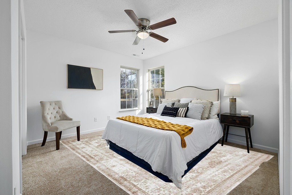 Rug over carpet ideas in White and Yellow Modern Bedroom