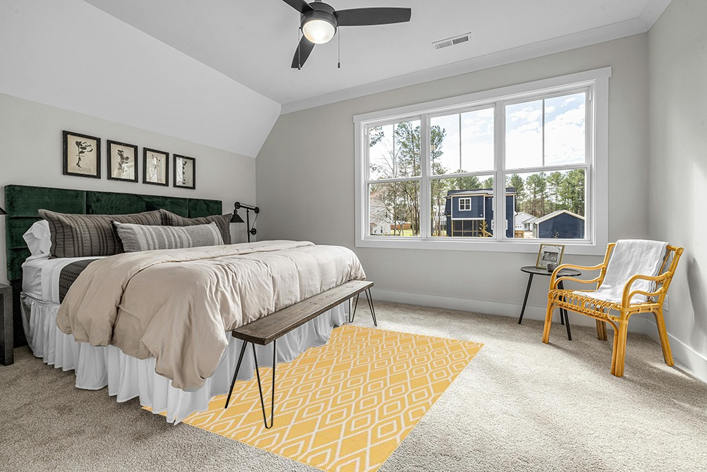 Yellow rug ideas in Grey Traditional Bedroom with King Bed