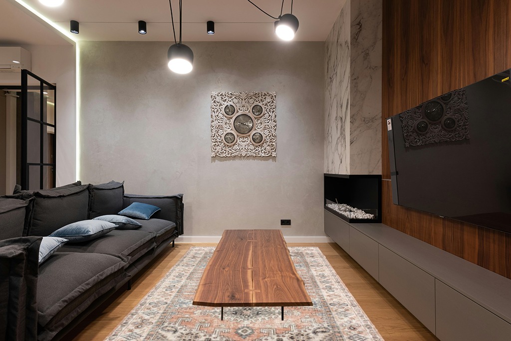 Valenrug Washable Area Rug 6x9 - Ultra-Thin Antique Collection, Stain Resistant Rugs for Living Room Bedroom, Distressed Vintage Rug(Peach/Yellowish, 6'x9') in Dark Wood Living Room with Black Couch
