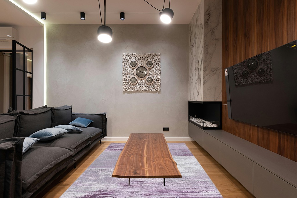 Modern living room rug ideas in Dark Wood Living Room with Black Couch