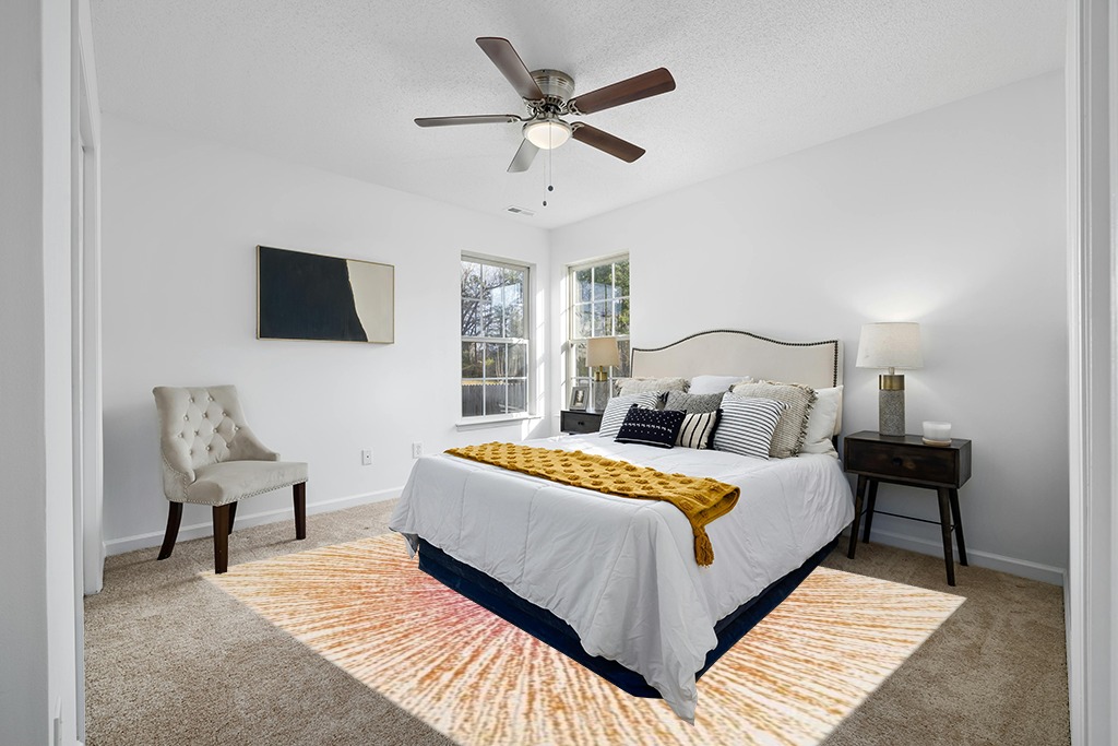 Rug over carpet ideas in White and Yellow Modern Bedroom