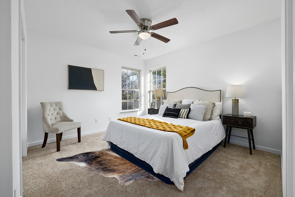 Cowhide rug in bedroom ideas in White and Yellow Modern Bedroom