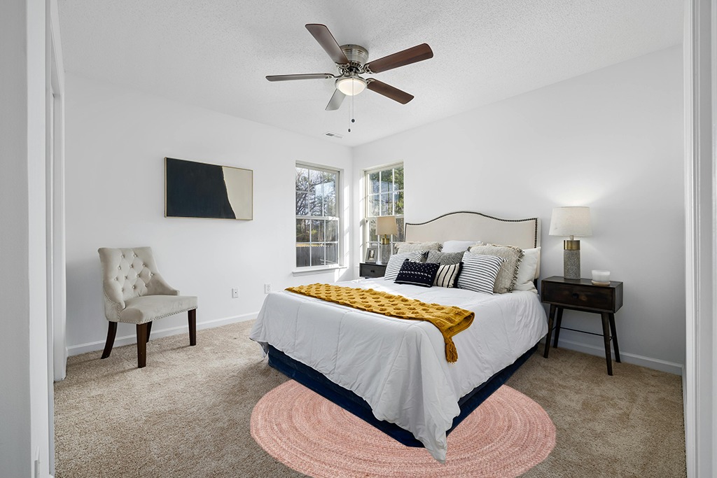 Rug over carpet ideas in White and Yellow Modern Bedroom
