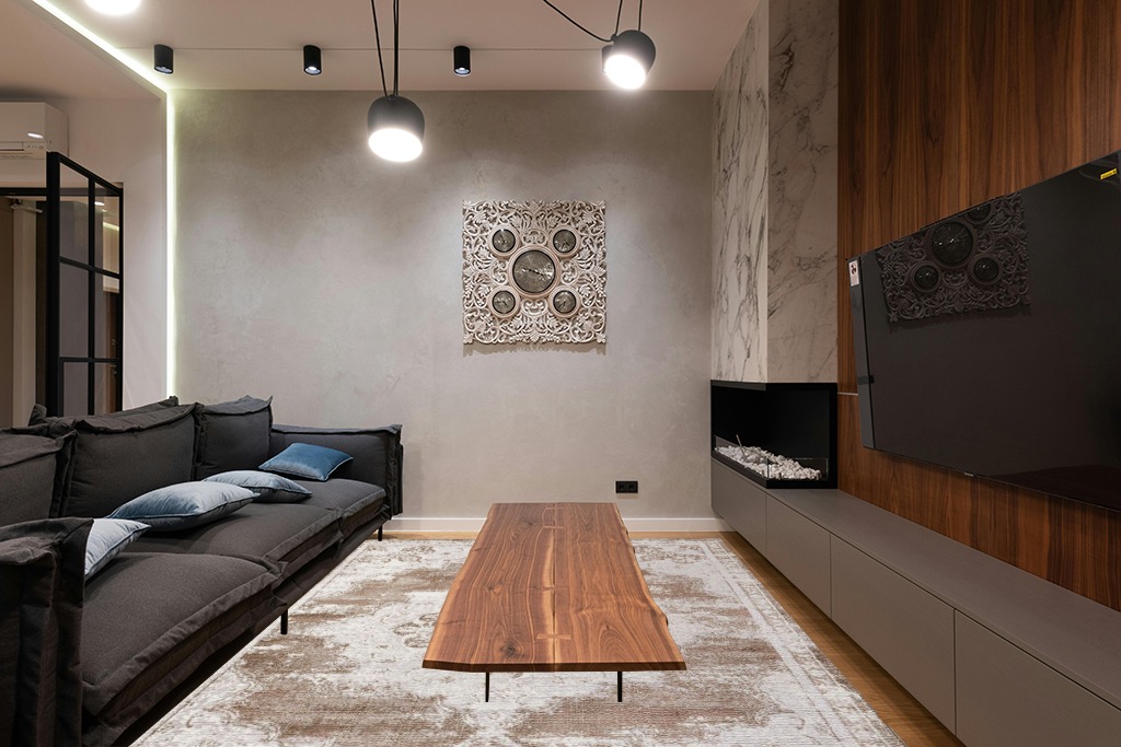JONATHAN Y MDP400B-8 Alhambra Ornate Medallion Modern Indoor Area-Rug Vintage Bohemian Easy-Cleaning Bedroom Kitchen Living Room Non Shedding, 8 ft x 10 ft, Brown/Cream in Dark Wood Living Room with Black Couch