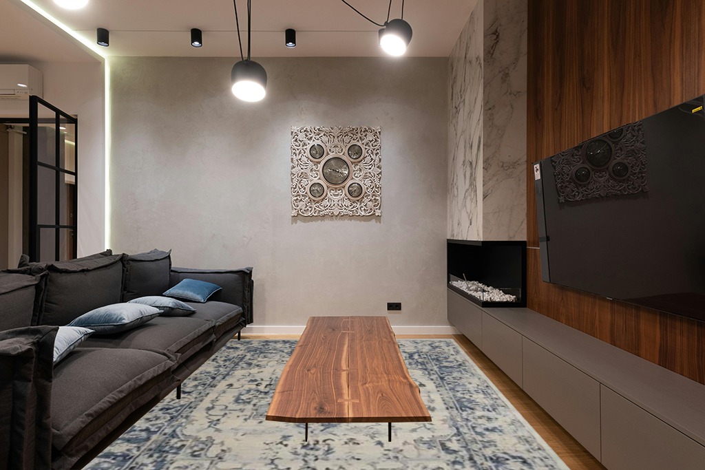SAFAVIEH Charleston Collection Area Rug - 8' x 10', Ivory & Navy, Oriental Distressed Design, Non-Shedding & Easy Care, Ideal for High Traffic Areas in Living Room, Bedroom (CHL411A) in Dark Wood Living Room with Black Couch