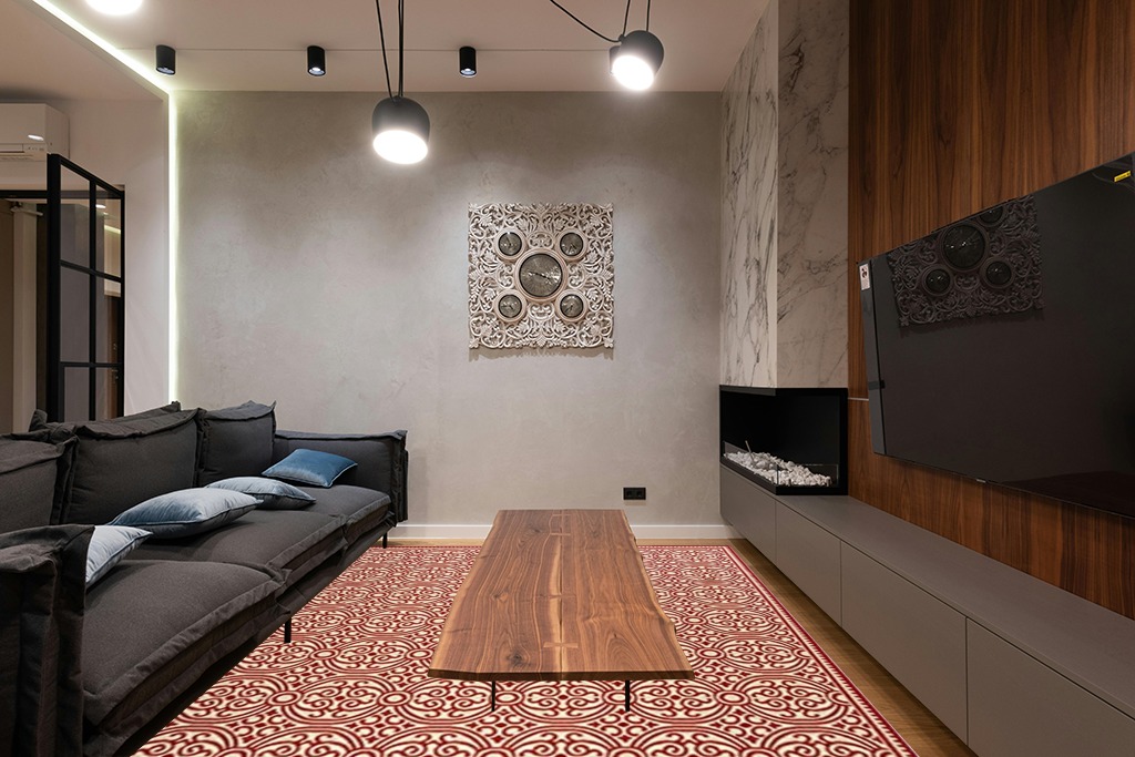 SAFAVIEH Linden Collection 8' x 10' Red/Cream LND134Q Geometric Indoor/ Outdoor Non-Shedding Easy scrubbing Patio Backyard Porch Deck Mudroom Area-Rug in Dark Wood Living Room with Black Couch
