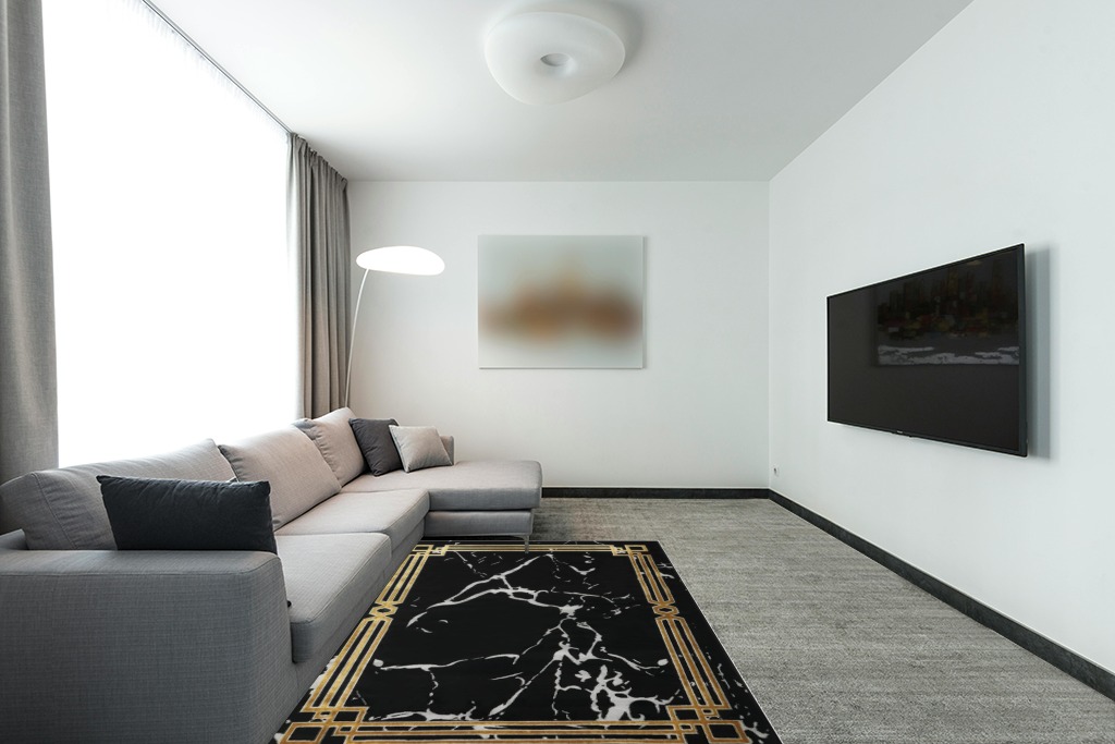Are black rugs a bad idea in Modern Living Room with Grey Couch