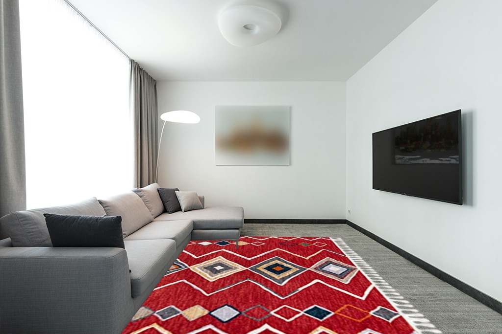 Rug over carpet ideas in Modern Living Room with Grey Couch