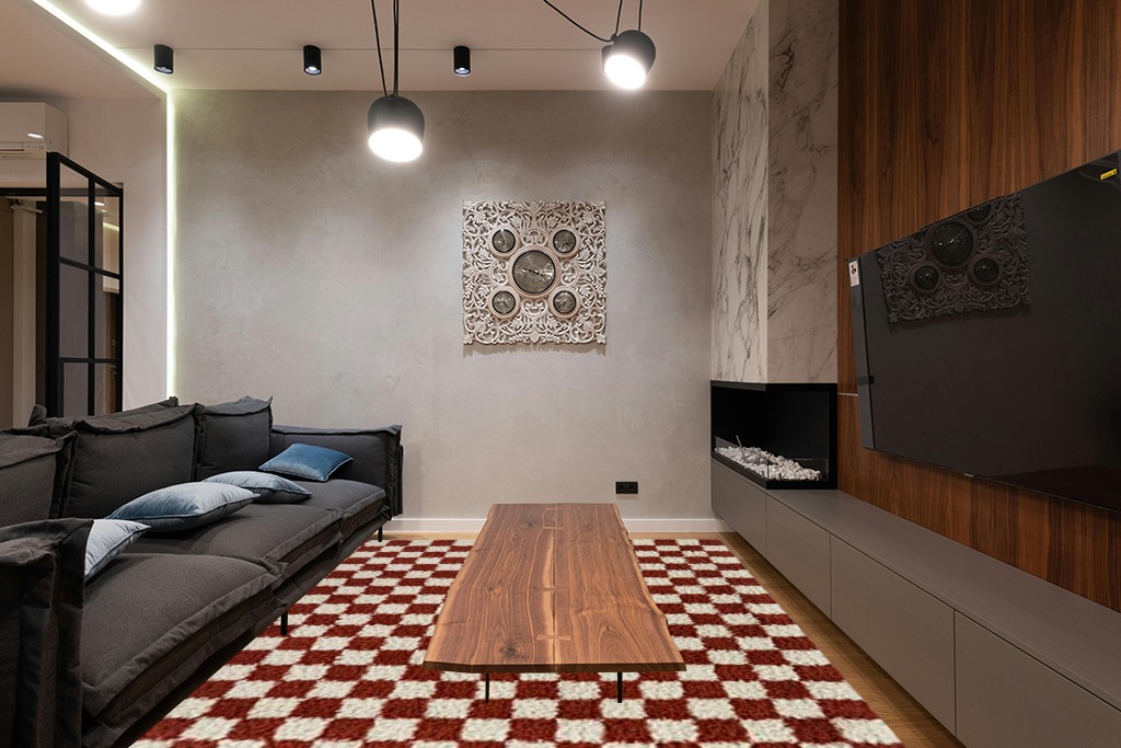 Balta Rugs Oslo Checkered Shag Rug, Red, 8' x 10' in Dark Wood Living Room with Black Couch