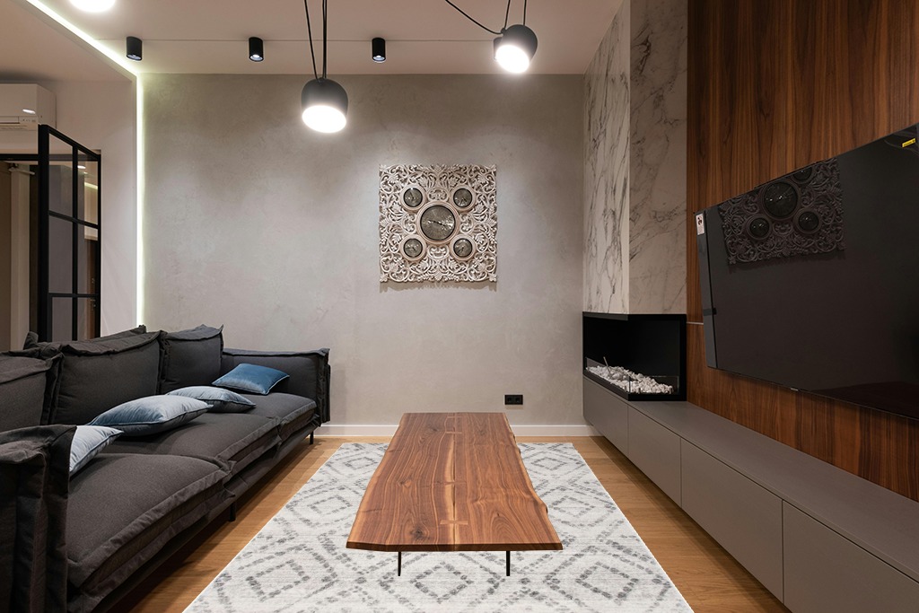 SAFAVIEH Adirondack Collection Area Rug - 6' x 9', Light Grey & Grey, Modern Diamond Distressed Design, Non-Shedding & Easy Care, Ideal for High Traffic Areas in Living Room, Bedroom (ADR131C) in Dark Wood Living Room with Black Couch