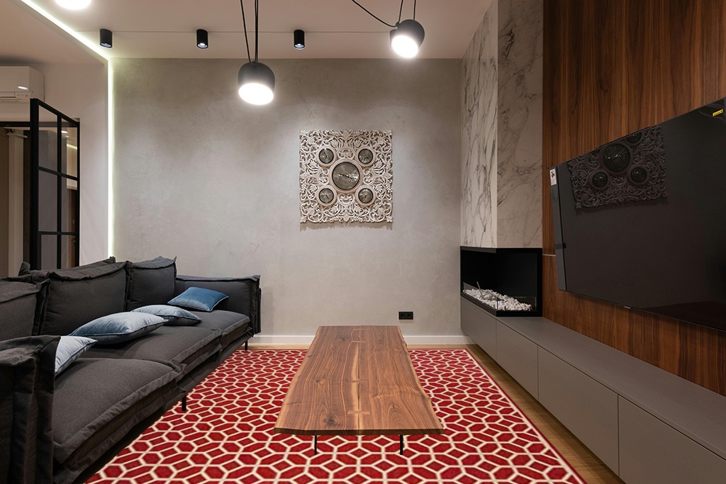 SAFAVIEH Linden Collection 8' x 10' Red/Cream LND127Q Geometric Indoor/ Outdoor Non-Shedding Easy scrubbing Patio Backyard Porch Deck Mudroom Area-Rug in Dark Wood Living Room with Black Couch