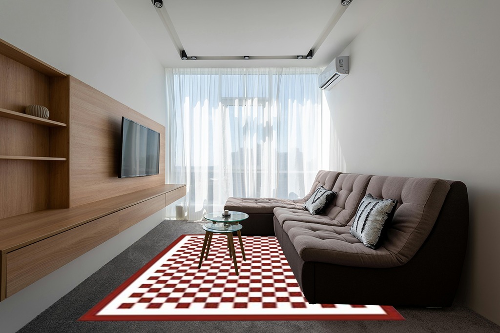 Washable 8x10 Checkered Area Rug for Living Room, Dark Red Checkerboard Modern Boho Large Rugs, Ultra Thin Low Pile Lightweight Indoor Carpet with Non-Slip Backing for Bedroom Kids Nursery Play Room in Grey Living Room with Brown Couch