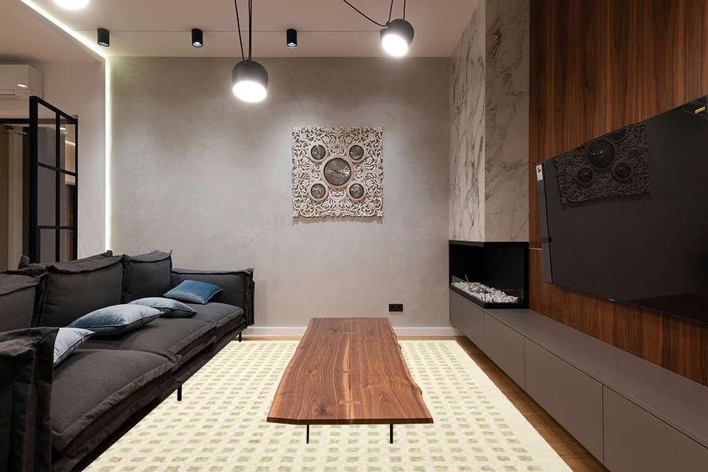 Loloi Chris Loves Julia Polly 7'-9" x 9'-9" Area Rug in Ivory/Natural - Large Neutral Area Rug, Unique Patterned Rug for Living Room, Bedroom, Dining Area, Home Office in Dark Wood Living Room with Black Couch