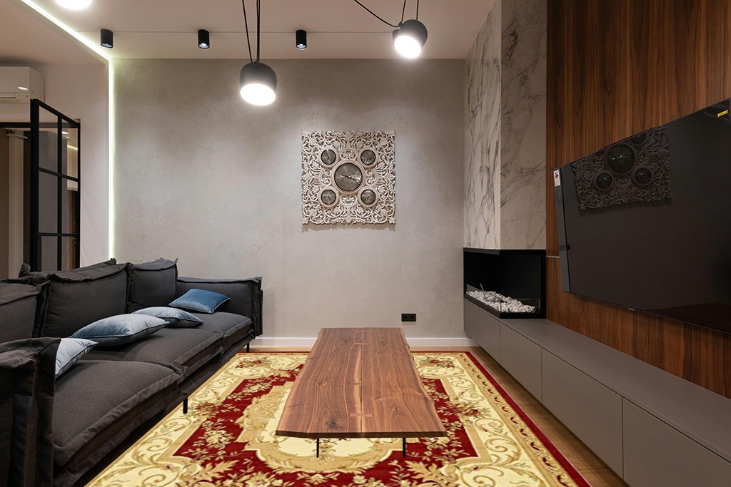 Unique Loom Versailles Collection Traditional Classic Floral Motif Area Rug (8' 0 x 10' 0 Rectangular, Burgundy/ Ivory) in Dark Wood Living Room with Black Couch