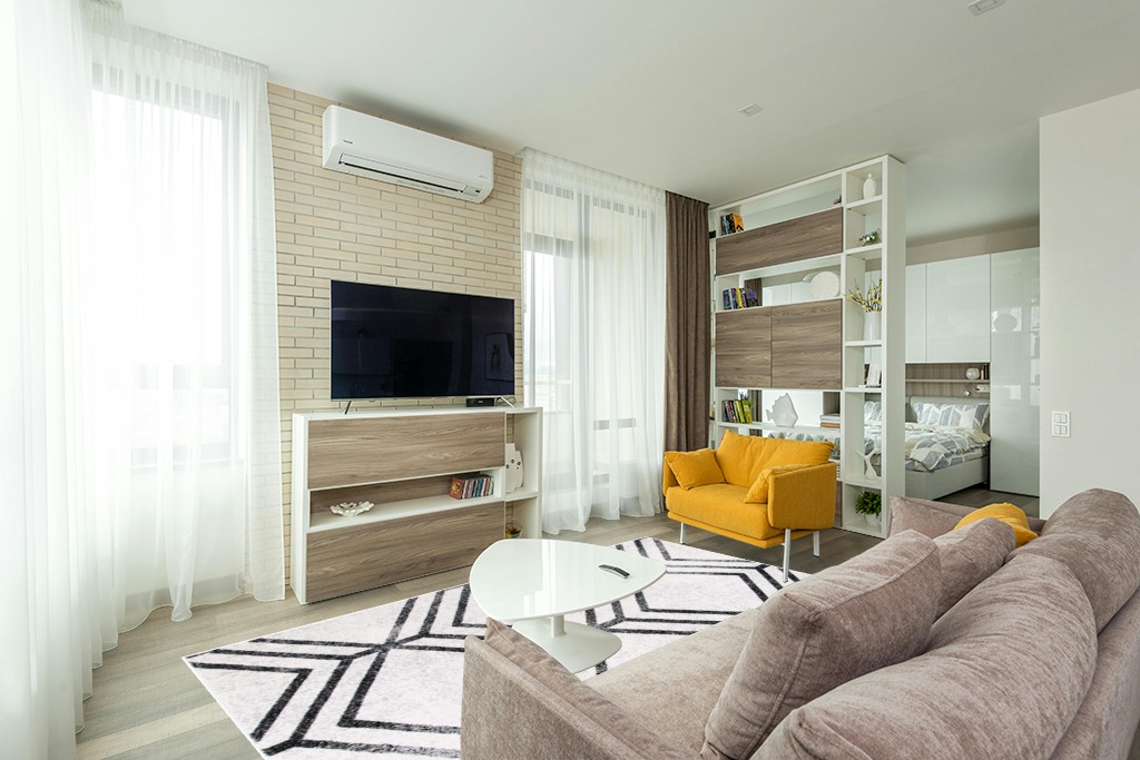 SAFAVIEH Adirondack Collection Area Rug - 6' x 9', Ivory & Charcoal, Modern Geometric Distressed Design, Non-Shedding & Easy Care, Ideal for High Traffic Areas in Living Room, Bedroom (ADR253B) in Light Modern Living Room with TV