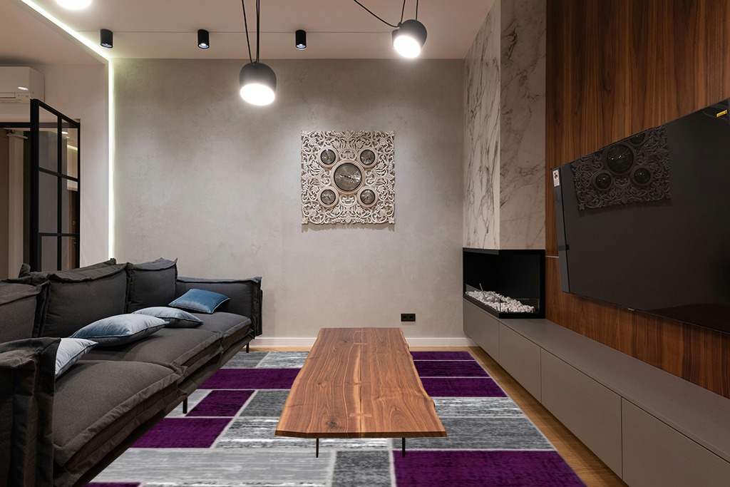 L'Baiet Verena Geometric Area Rug Purple Grey 8' x 10' Large Area Rugs Carpet for Living Room, Bedroom, Dining Table, Office, Hallway, Foyer | Neutral Colorful Modern Abstract Home Decor in Dark Wood Living Room with Black Couch