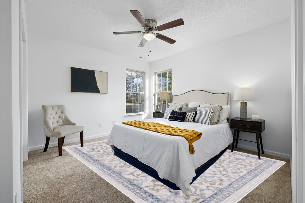 Rug over carpet ideas in White and Yellow Modern Bedroom
